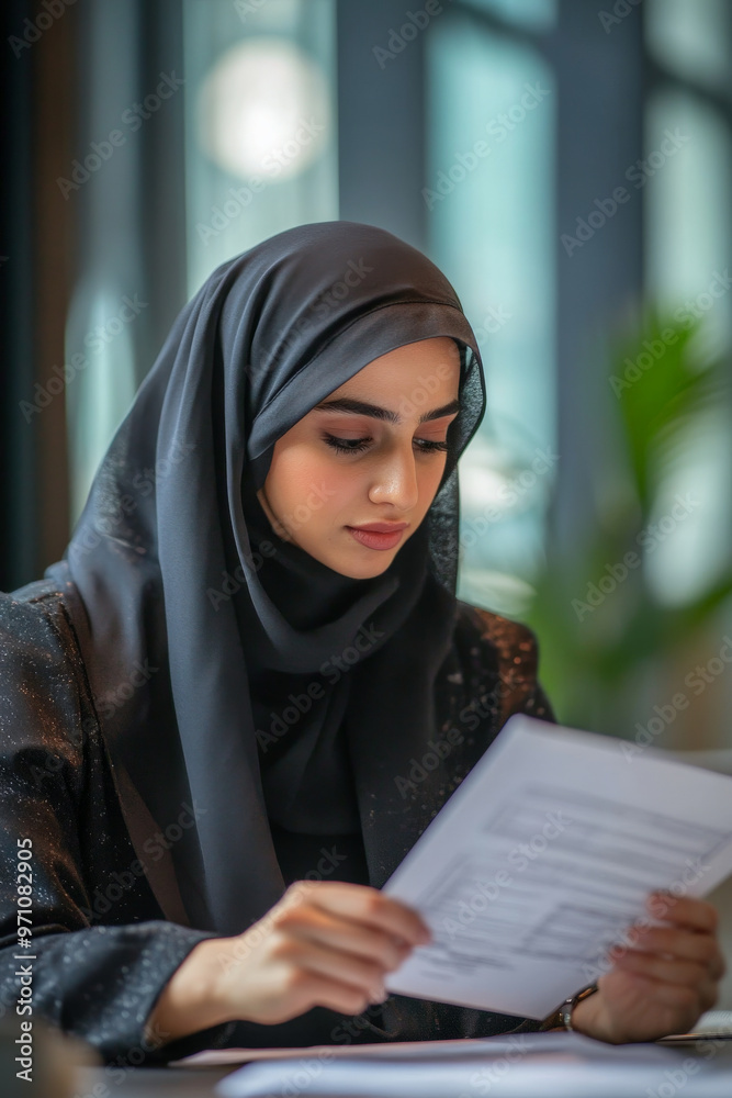 A young Arabian bank manager, with a poised and professional attitude, going through a detailed financial contract with her client in an elegant, modern office. Her client asks a question, and she