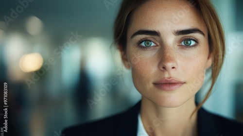 A woman with a piercing, serious look in business attire exemplifies determination and focus in a professional environment. Her intense gaze is remarkably captivating.