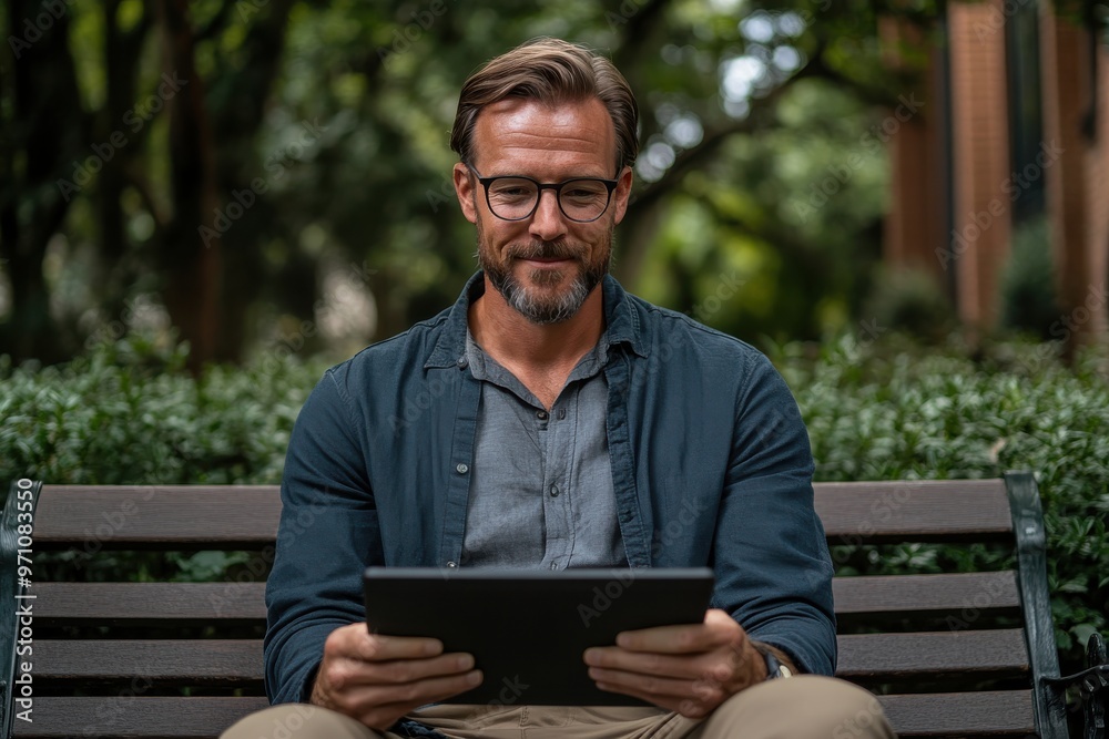 Fototapeta premium A casually dressed man with a beard and glasses reads on a tablet while sitting on a park bench, embodying leisure, technology integration, and peacefulness.