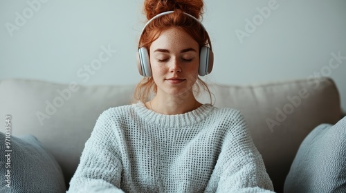 A serene young woman with closed eyes enjoys music through headphones while sitting on a sofa, embodying tranquility and relaxation in a cozy setting. photo