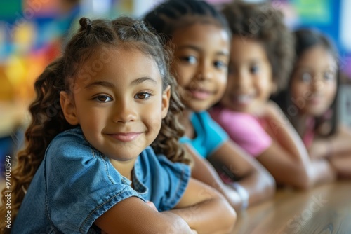 A group of young girls are smiling and posing for a picture