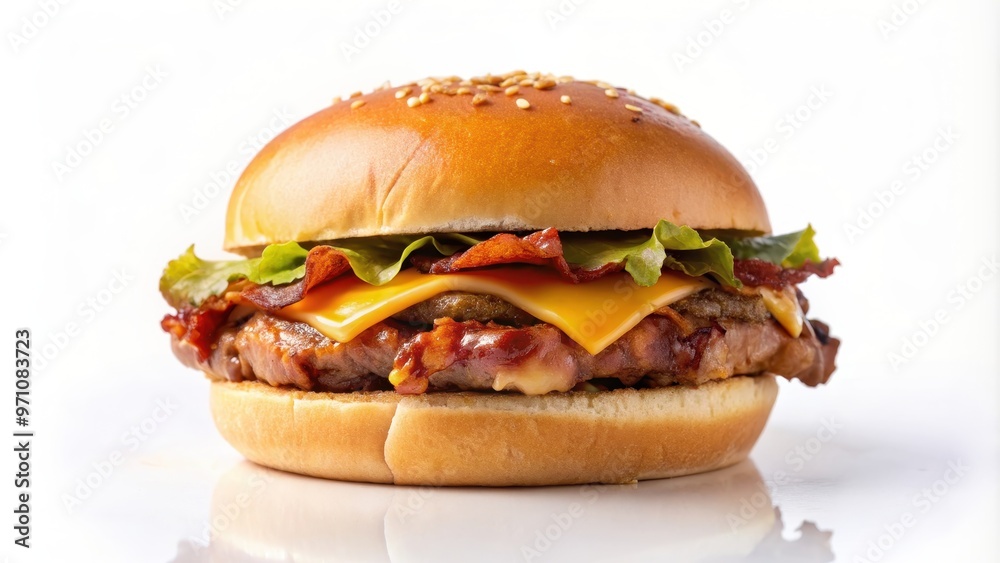 Bacon hamburger on a white background, bacon, hamburger, sandwich, fast food, crispy, delicious, tasty, lunch Bacon hamburger on a white background, bacon, hamburger, sandwich, fast food, crispy, delicious, tasty, lunch
