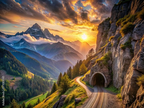 Majestic mountain scenery with a winding tunnel cutting through rugged terrain, illuminated by a warm glow, overlooking a serene valley landscape below. photo