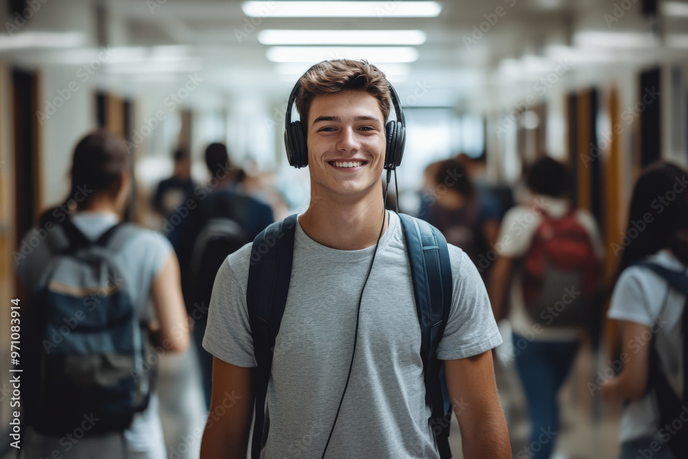 A Caucasian male student, dressed in a simple t-shirt and jeans, is walking through the hallway with his headphones on. He is smiling, nodding to the beat, and looks completely at ease in the bustling A Caucasian male student, dressed in a simple t-shirt and jeans, is walking through the hallway with his headphones on. He is smiling, nodding to the beat, and looks completely at ease in the bustling