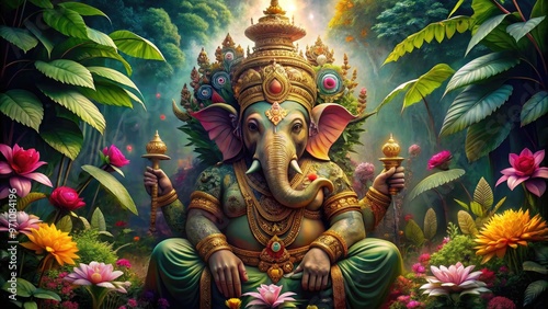 Majestic mythical elephant-headed deity with intricate golden headdress and ornate jewelry, sitting on a decorative throne amidst lush green foliage and vibrant flowers. photo