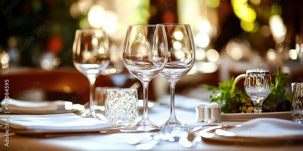 A beautifully set table in an elegant restaurant with crystal-clear wine glasses, soft ambient lighting, and a luxurious atmosphere, perfect for showcasing fine dining, hospitality, or event-related d A beautifully set table in an elegant restaurant with crystal-clear wine glasses, soft ambient lighting, and a luxurious atmosphere, perfect for showcasing fine dining, hospitality, or event-related d