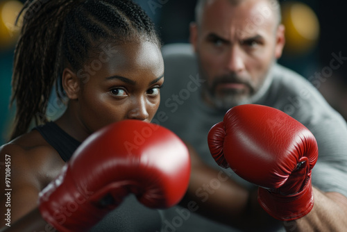 A young adult African American sportswoman, wearing red boxing gloves, intensely focused as she practices jabs with her coach in a modern health club. The coach, a muscular middle-aged man, guides her