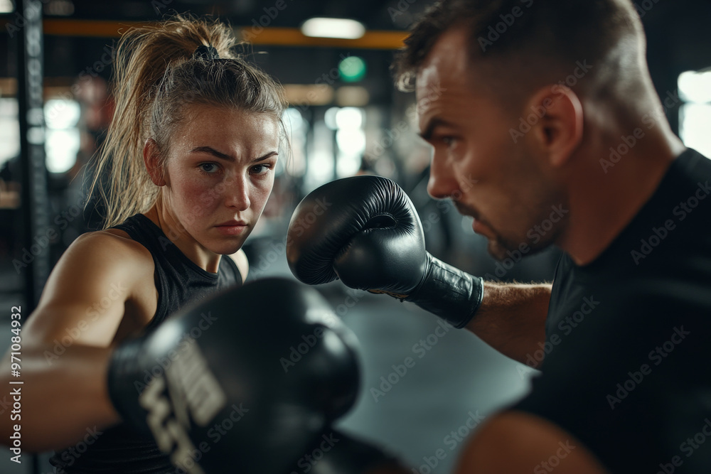 Fototapeta premium Young adult Caucasian sportswoman, her brow furrowed in concentration, throwing quick punches at her coachâ€™s pads in a sleek gym. The coach, a seasoned male boxer, watches her form closely, offering