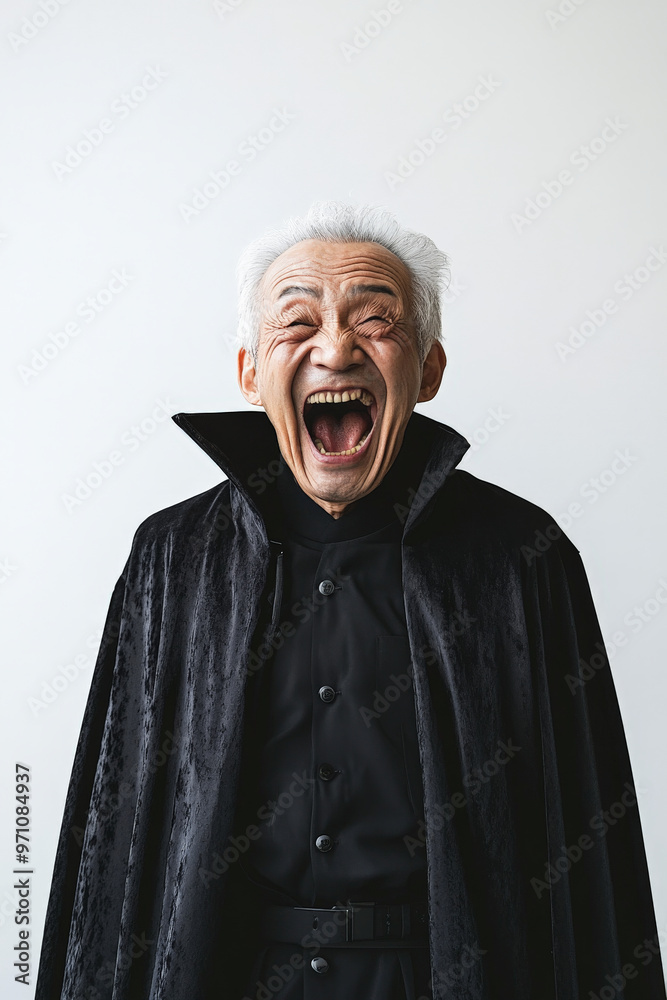 Senior Japanese man dressed as a vampire, laughing manically, standing isolated on a white background.