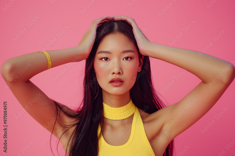 A woman with long black hair and a yellow tank top is posing for a photo A woman with long black hair and a yellow tank top is posing for a photo