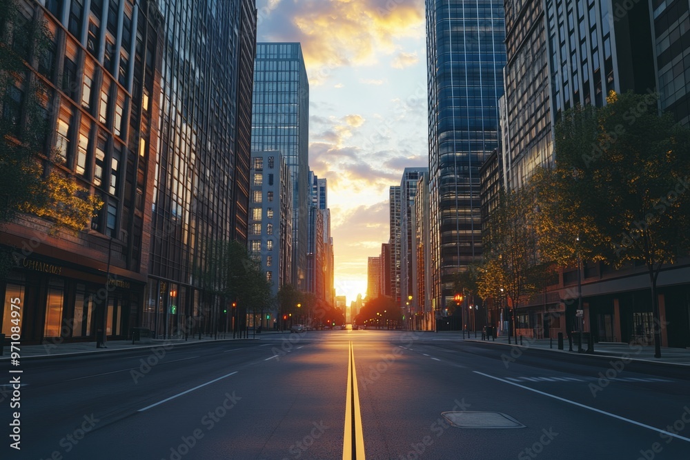 Modern City Skyline and Empty Street at Sunset Modern City Skyline and Empty Street at Sunset