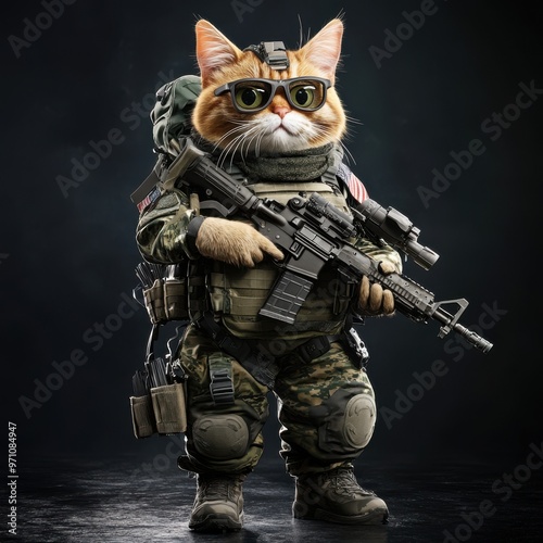 Military Cat Soldier with Rifle and Backpack