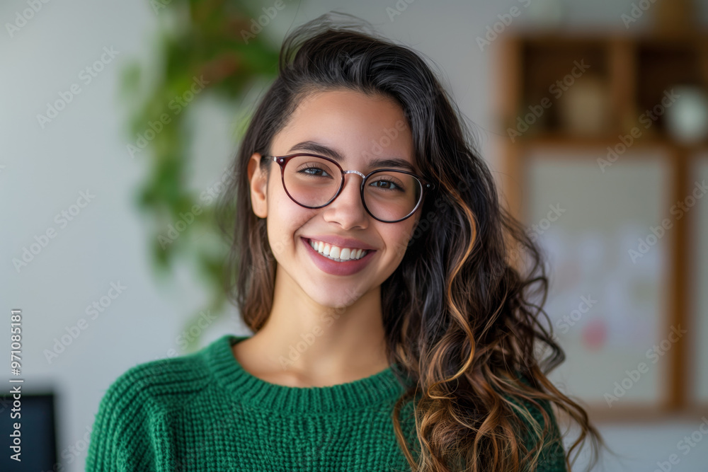 Obraz premium A woman with long brown hair and glasses is smiling