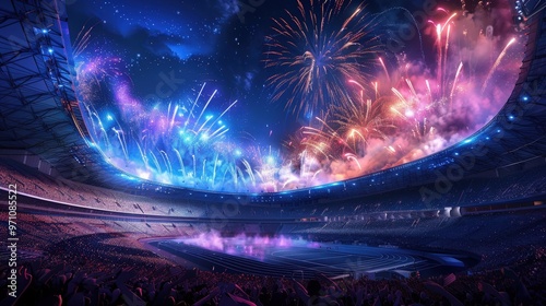 Spectacular fireworks light up the stadium during a vibrant night celebration showcasing athletics and crowd excitement. Generative AI