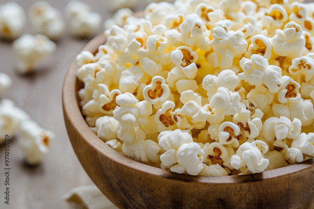 A vibrant image of a wooden bowl filled with freshly popped popcorn, showcasing its fluffy texture and appetizing look. A vibrant image of a wooden bowl filled with freshly popped popcorn, showcasing its fluffy texture and appetizing look.