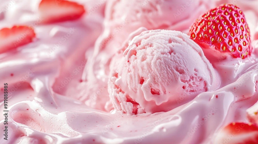 Mouthwatering close-up of strawberry ice cream in its melted form, perfect for dessert-themed visuals. Mouthwatering close-up of strawberry ice cream in its melted form, perfect for dessert-themed visuals.