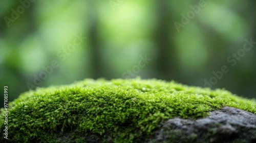 The image showcases vibrant green moss growing on the surface of tree bark, capturing the serene and tranquil atmosphere of a forest during daylight.