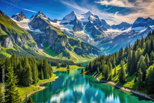 Majestic snow-capped Alpes mountain peaks rise above lush green valleys and serene turquoise lakes, surrounded by dense forests and winding mountain trails under a clear blue sky.