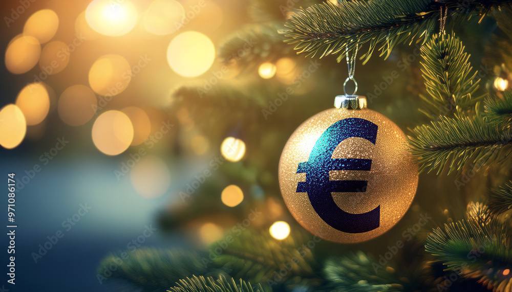 European currency Euro sign on a golden Christmas ball hanging from a fir tree against blurry lights,business,finance and economy concept. European currency Euro sign on a golden Christmas ball hanging from a fir tree against blurry lights,business,finance and economy concept.