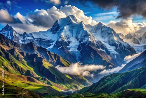 Majestic snow-capped Himalayan mountain range with rugged, eroded peaks, showcasing the majestic grandeur of geological folding, with lush green valleys and clouds in the background. photo