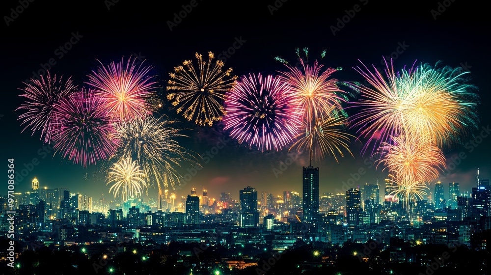 Obraz premium Vibrant City Skyline at Night with Colorful New Year's Eve Fireworks Exploding in the Sky