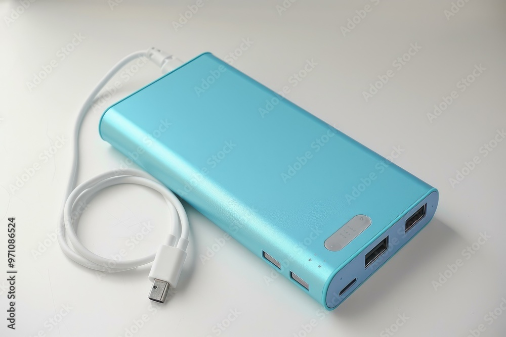 Blue power bank is charging with a usb cable on a white background Blue power bank is charging with a usb cable on a white background