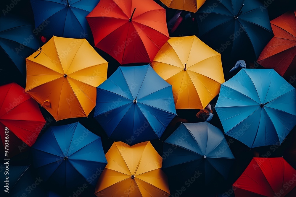 Overhead perspective showing a collection of vibrant umbrellas in different colors against a dark background. Overhead perspective showing a collection of vibrant umbrellas in different colors against a dark background.