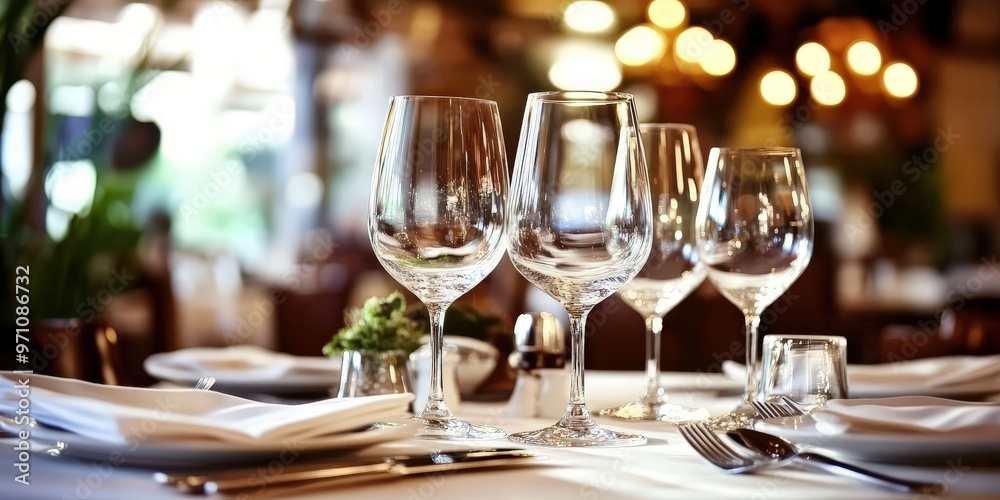A beautifully set table in an elegant restaurant with crystal-clear wine glasses, soft ambient lighting, and a luxurious atmosphere, perfect for showcasing fine dining, hospitality, or event-related d A beautifully set table in an elegant restaurant with crystal-clear wine glasses, soft ambient lighting, and a luxurious atmosphere, perfect for showcasing fine dining, hospitality, or event-related d