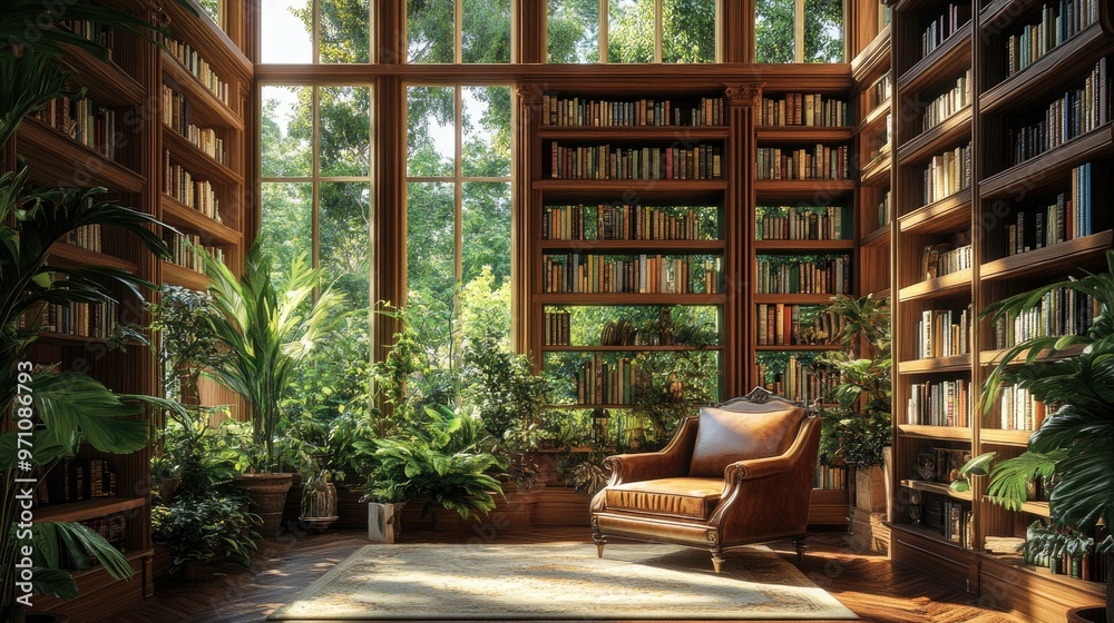 Opulent library with wooden shelves and a large armchair, framed by natural light from expansive windows with greenery outside. Opulent library with wooden shelves and a large armchair, framed by natural light from expansive windows with greenery outside.