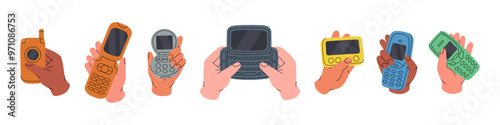 Hands hold flip mobile phones. Old mobile phone from the 90s. Retro electronic devices. Vector illustration.