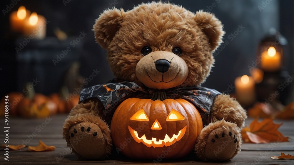 An adorable teddy bear dressed in a charming costume sits among bright orange pumpkins, including a lit jack-o'-lantern, on a tranquil autumn evening. An adorable teddy bear dressed in a charming costume sits among bright orange pumpkins, including a lit jack-o'-lantern, on a tranquil autumn evening.