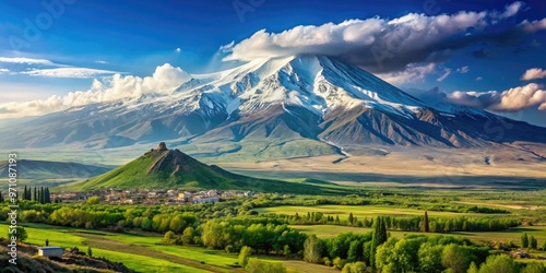 Majestic snow-capped Mount Ararat rises above rolling hills and verdant valleys, its rugged grandeur dominating the eastern Turkish landscape under a bright blue sky. photo