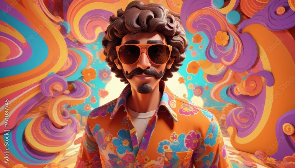 Retro Man with Sunglasses and Floral Shirt in Psychedelic Background Retro Man with Sunglasses and Floral Shirt in Psychedelic Background