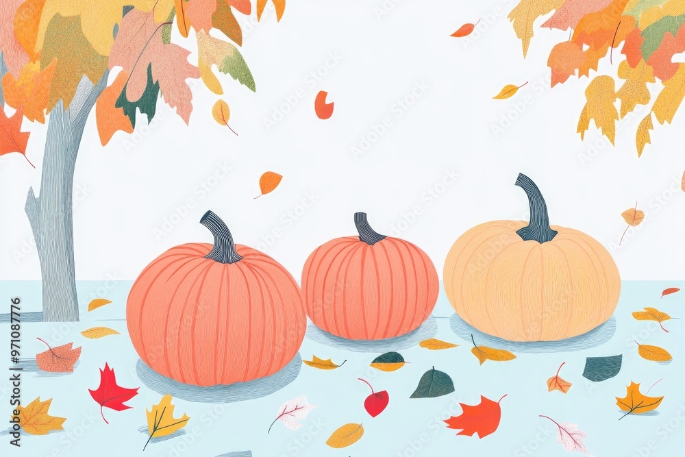 Autumn scene with pumpkins and maple leaves for coloring featuring a festive fall theme Autumn scene with pumpkins and maple leaves for coloring featuring a festive fall theme