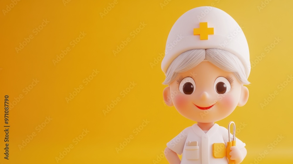 A cheerful cartoon nurse character with a medical tool against a bright yellow background. A cheerful cartoon nurse character with a medical tool against a bright yellow background.