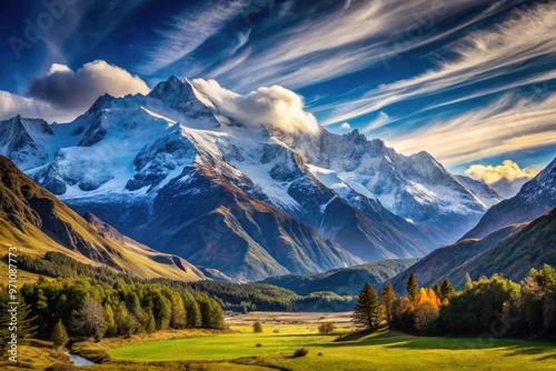 Majestic snow-capped peaks rise above a serene valley, set against a brilliant blue sky with wispy clouds, evoking a sense of awe and tranquility in nature. photo