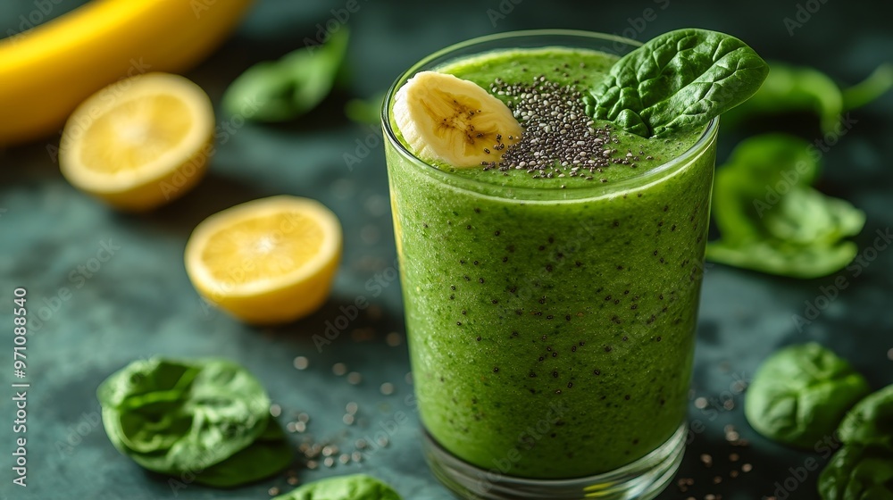 Freshly blended green smoothie with spinach, banana, and chia seeds, nutrient-packed drink, brain health benefits, isolated on solid background Freshly blended green smoothie with spinach, banana, and chia seeds, nutrient-packed drink, brain health benefits, isolated on solid background