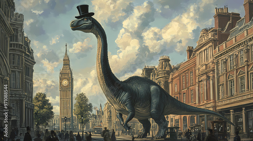 A brontosaurus in victorian england, wearing a top hat and monocle, strolling through london's streets as a gentle giant. Victorian Era. Illustration