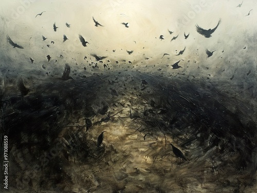 Flock of Birds in Flight: A Dark and Dramatic Painting photo