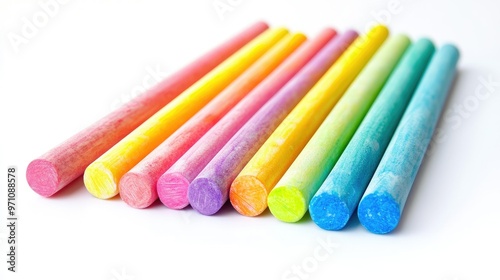 Rainbow of colorful chalk sticks lying on a white background, ready for art and drawing activities