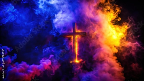 Illuminated Wooden Cross in Multicolored Smoke