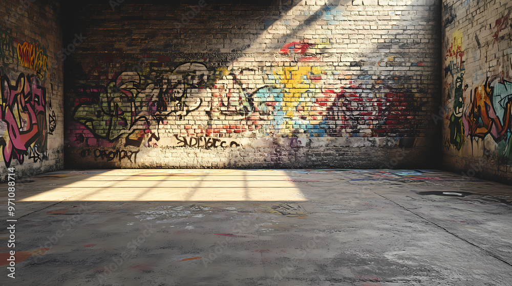 A cement wall which has plenty of colorful graffiti style art texts on the surface of the wall, displaying in an empty room with some bright light. generative ai. Graffiti Art. Illustration A cement wall which has plenty of colorful graffiti style art texts on the surface of the wall, displaying in an empty room with some bright light. generative ai. Graffiti Art. Illustration