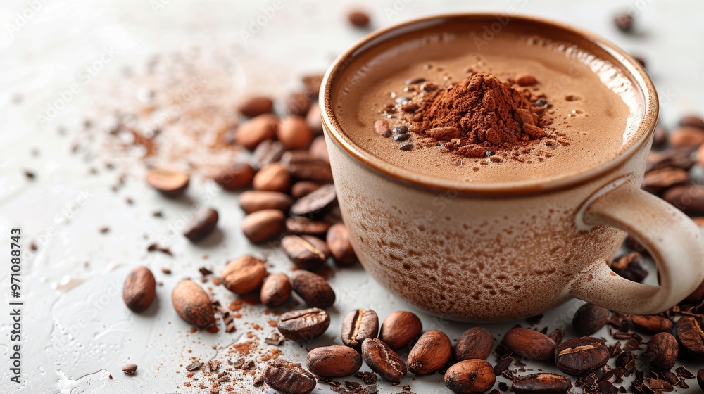 Photo of a hot cocoa cup and Cocoa beans, cocoa powder on a white background, top view with copy space concept for an advertising poster or banner design. Wide-angle lens, daylight. Photo of a hot cocoa cup and Cocoa beans, cocoa powder on a white background, top view with copy space concept for an advertising poster or banner design. Wide-angle lens, daylight.