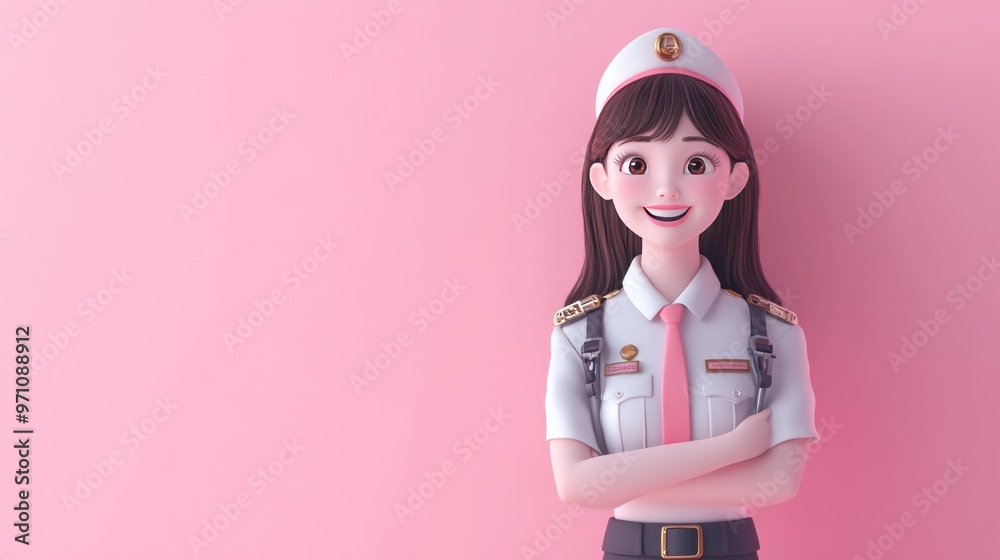 A cheerful animated character in a uniform poses against a pink background. A cheerful animated character in a uniform poses against a pink background.