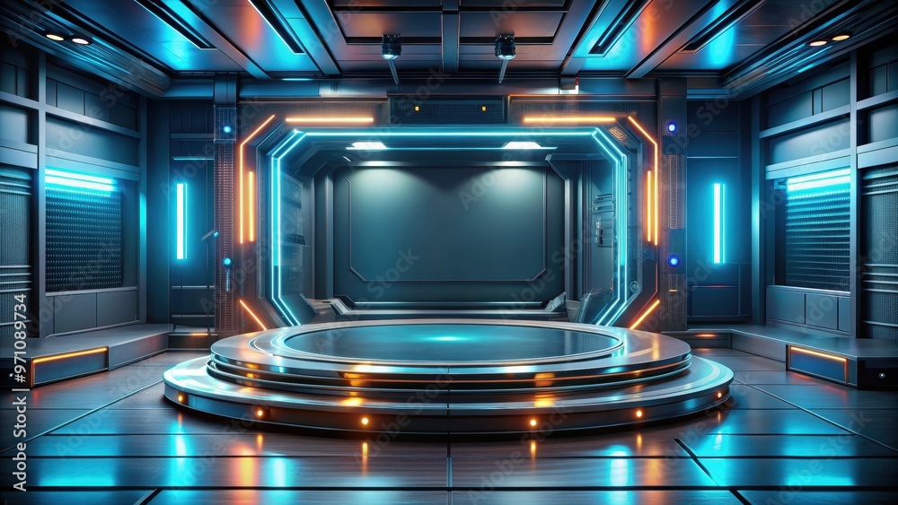 Futuristic gaming display podium with cyberpunk sci-fi design , technology, , rendering, gamer, futuristic, cyberpunk