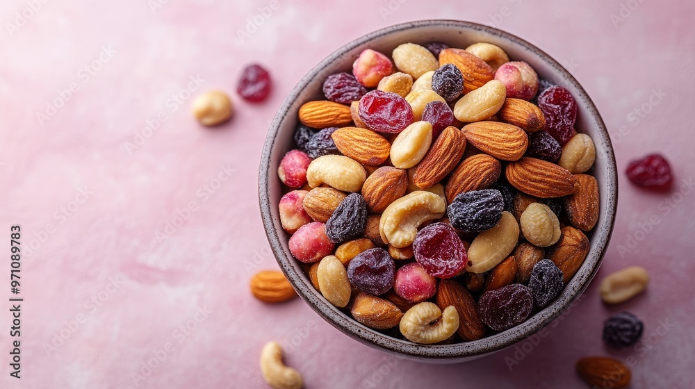 Handful of mixed nuts and dried fruits, portable brain-boosting snack, healthy and convenient, isolated on solid background Handful of mixed nuts and dried fruits, portable brain-boosting snack, healthy and convenient, isolated on solid background