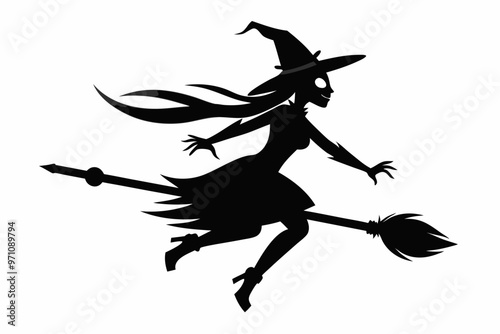 witch on a broom black metal cut out silhouette white background