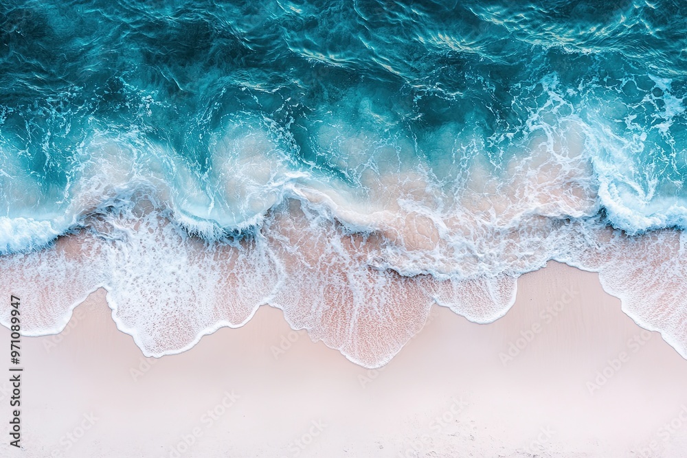 The edge of the beach, the white sand and blue water blend together in an elegant gradient. Aerial view. Background, wallpaper, banner The edge of the beach, the white sand and blue water blend together in an elegant gradient. Aerial view. Background, wallpaper, banner