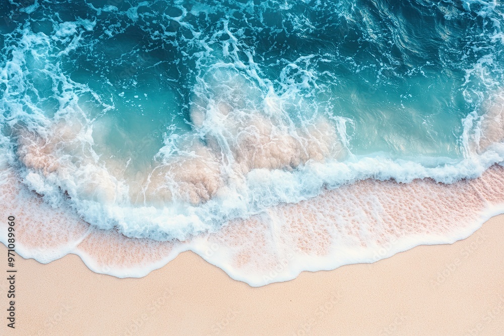 The edge of the beach, the white sand and blue water blend together in an elegant gradient. Aerial view. Background, wallpaper, banner The edge of the beach, the white sand and blue water blend together in an elegant gradient. Aerial view. Background, wallpaper, banner