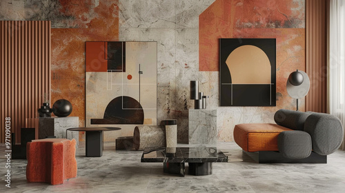 Post modern living room featuring avant garde furniture, bold color blocks, and abstract artwork, vividly rendered in 3D.